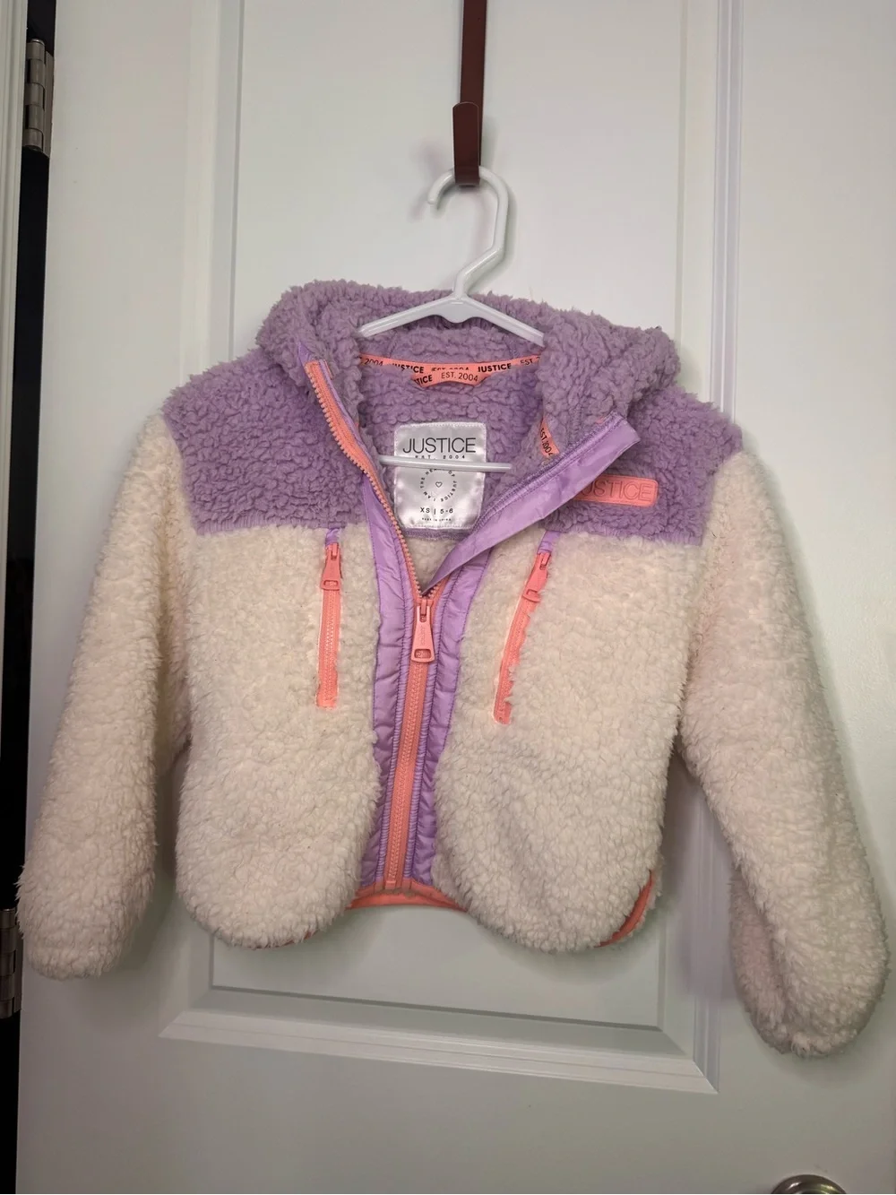 Justice Lavender & Cream Sherpa Puffer Jacket with Coral Accents